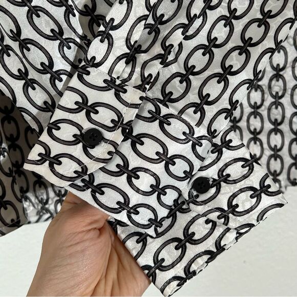 Black & White Satin Chain Print Button Down Shirt Blouse Medium - Picture 5 of 11